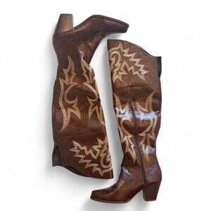 Source Unknown Brown Embroidered Over-the-Knee Western Boots
